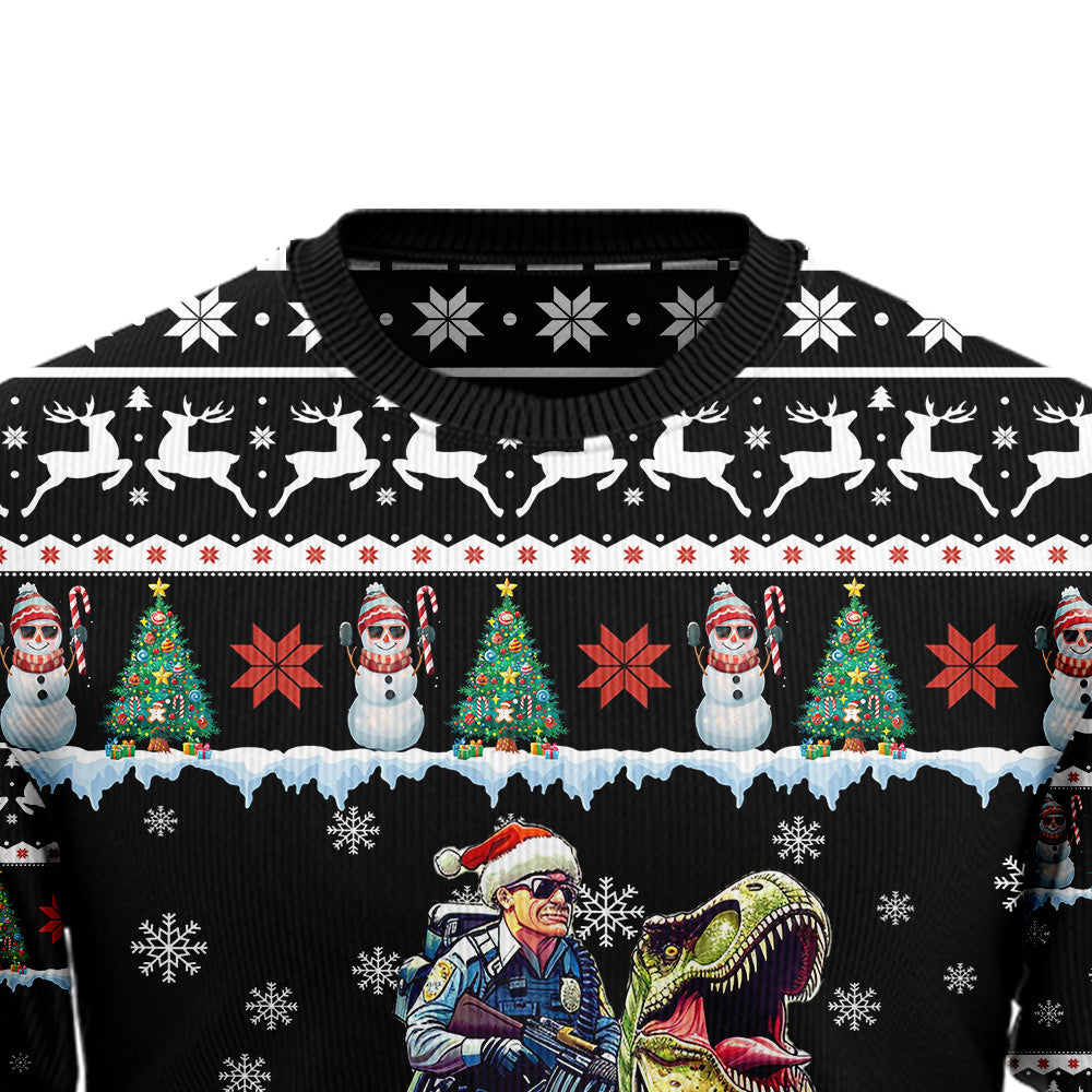 Police Officer Riding T-Rex Ugly Christmas Sweater