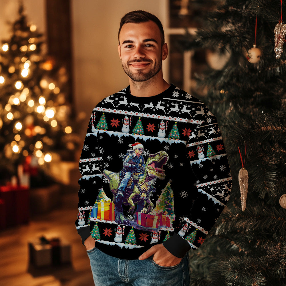 Police Officer Riding T-Rex Ugly Christmas Sweater
