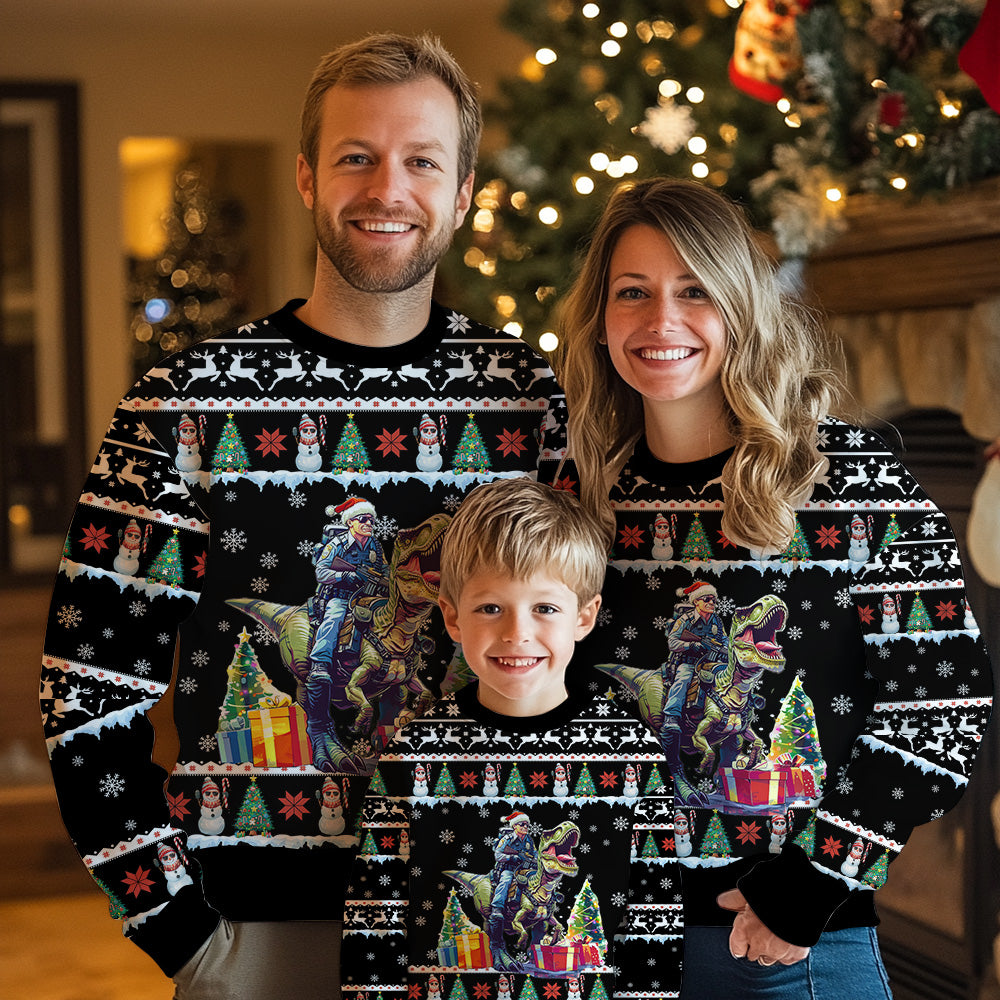 Police Officer Riding T-Rex Ugly Christmas Sweater