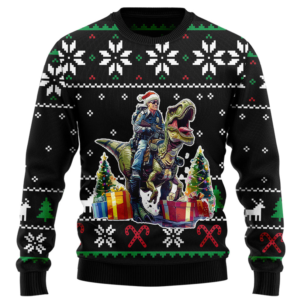 Funny Police Officer Riding T-Rex Ugly Christmas Sweater
