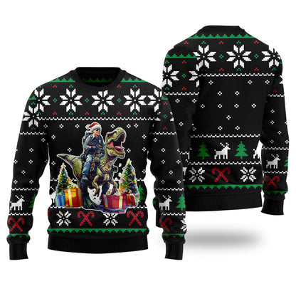 Funny Police Officer Riding T-Rex Ugly Christmas Sweater