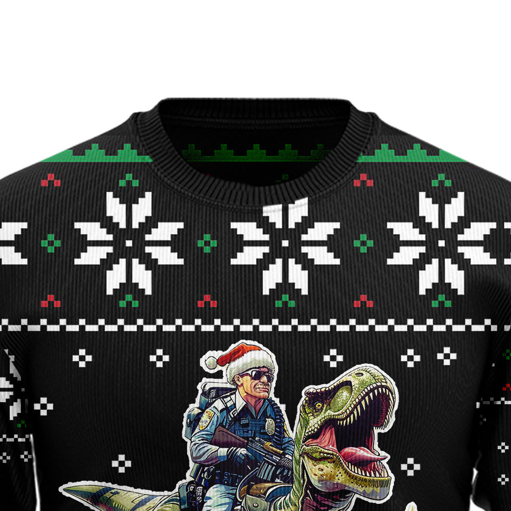 Funny Police Officer Riding T-Rex Ugly Christmas Sweater