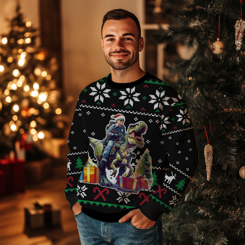 Funny Police Officer Riding T-Rex Ugly Christmas Sweater
