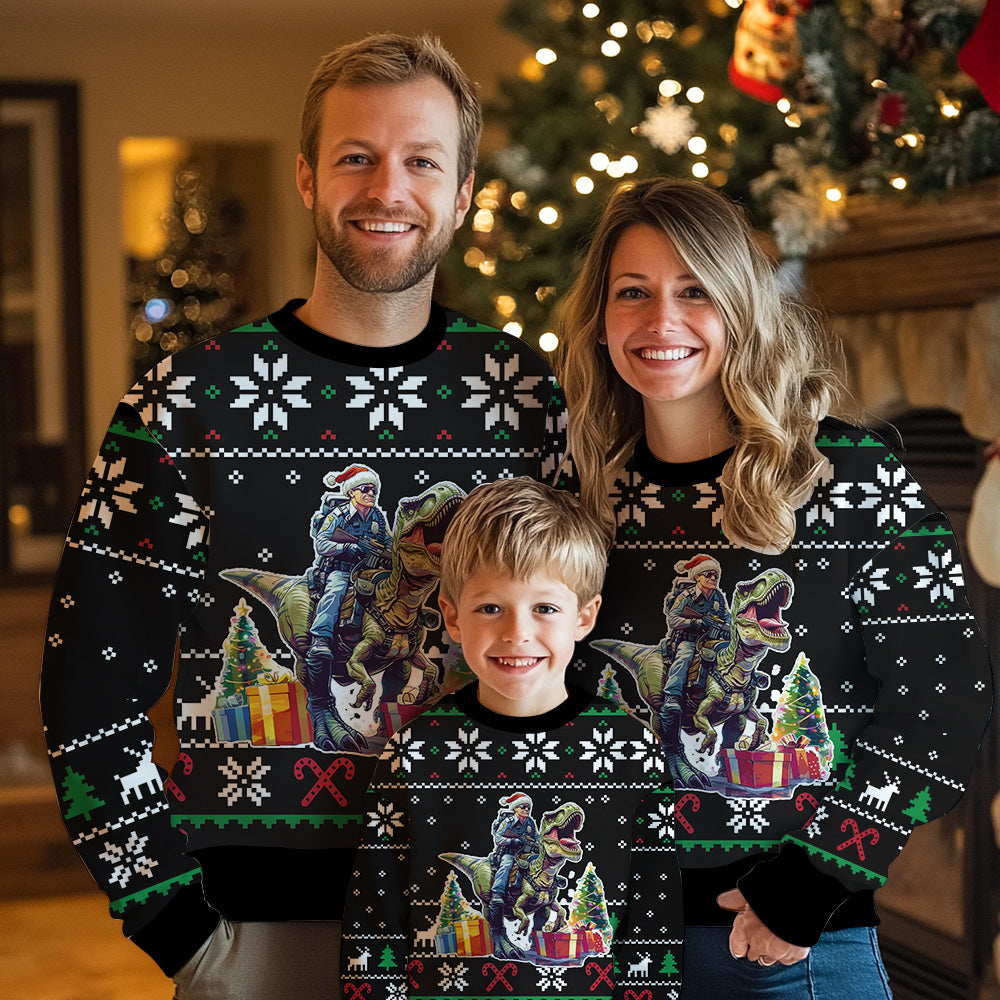 Funny Police Officer Riding T-Rex Ugly Christmas Sweater