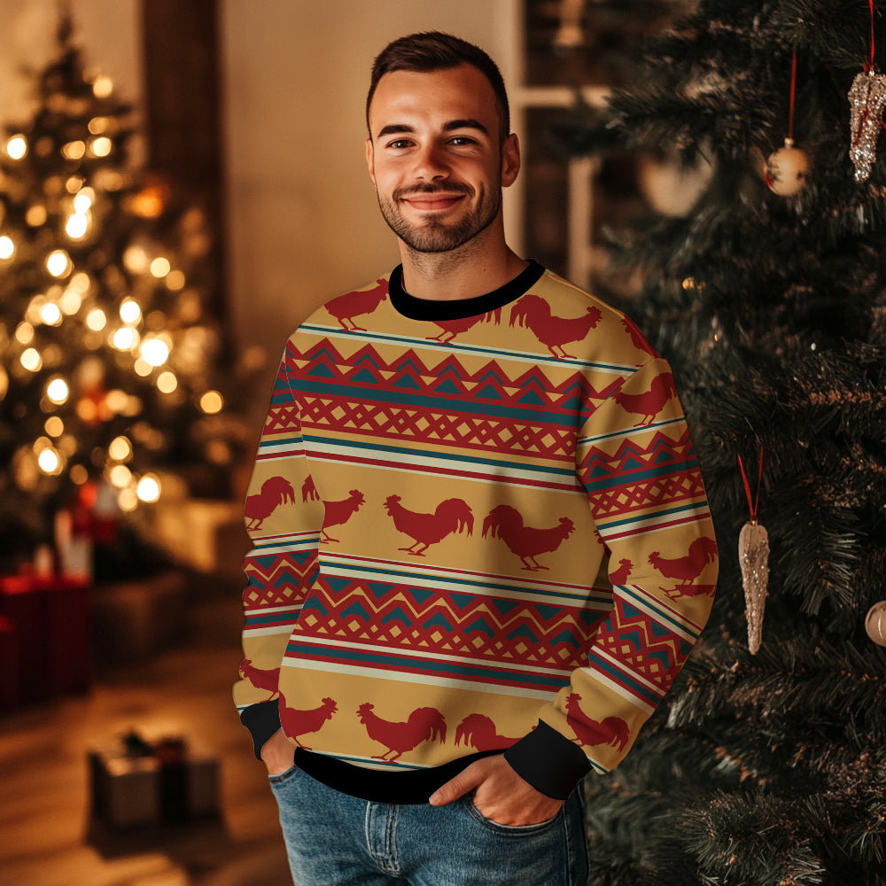 Rustic Rooster Pattern Ugly Christmas Sweater