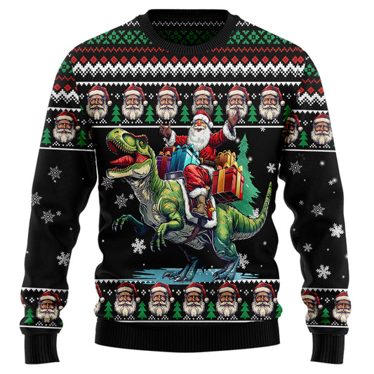Festive Santa Riding T-Rex Ugly Christmas Sweater