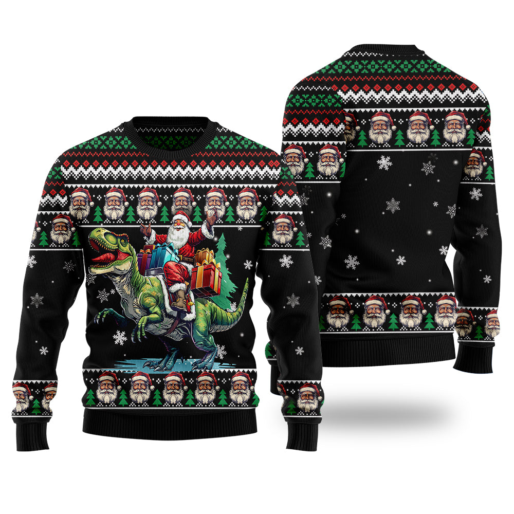 Festive Santa Riding T-Rex Ugly Christmas Sweater
