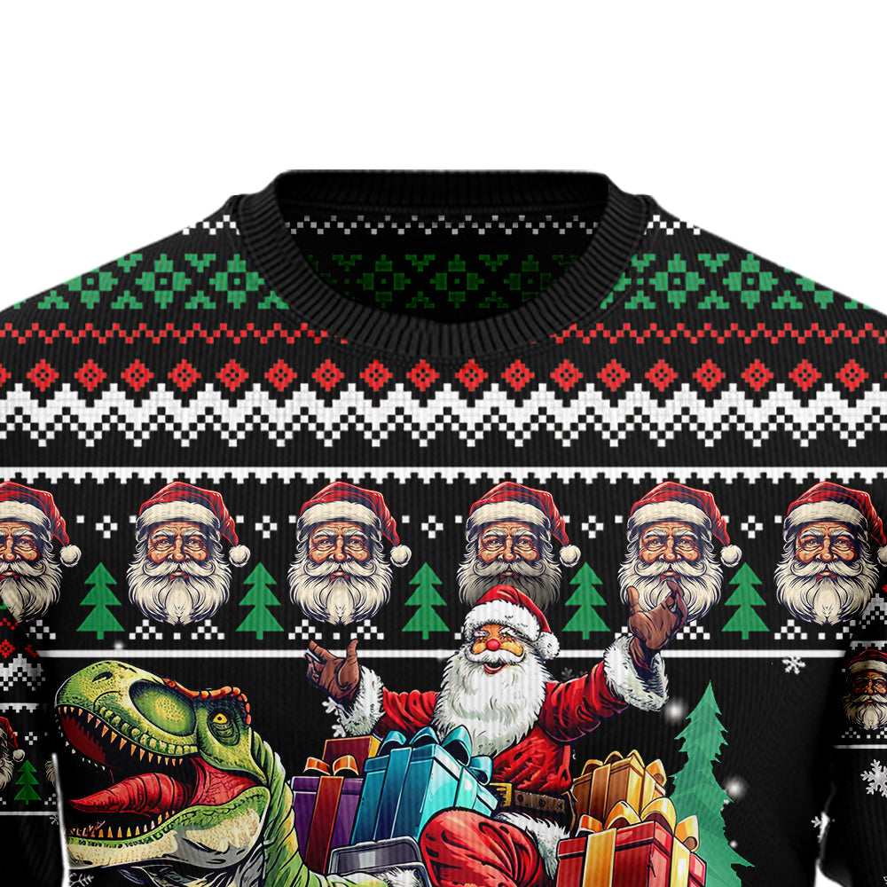 Festive Santa Riding T-Rex Ugly Christmas Sweater