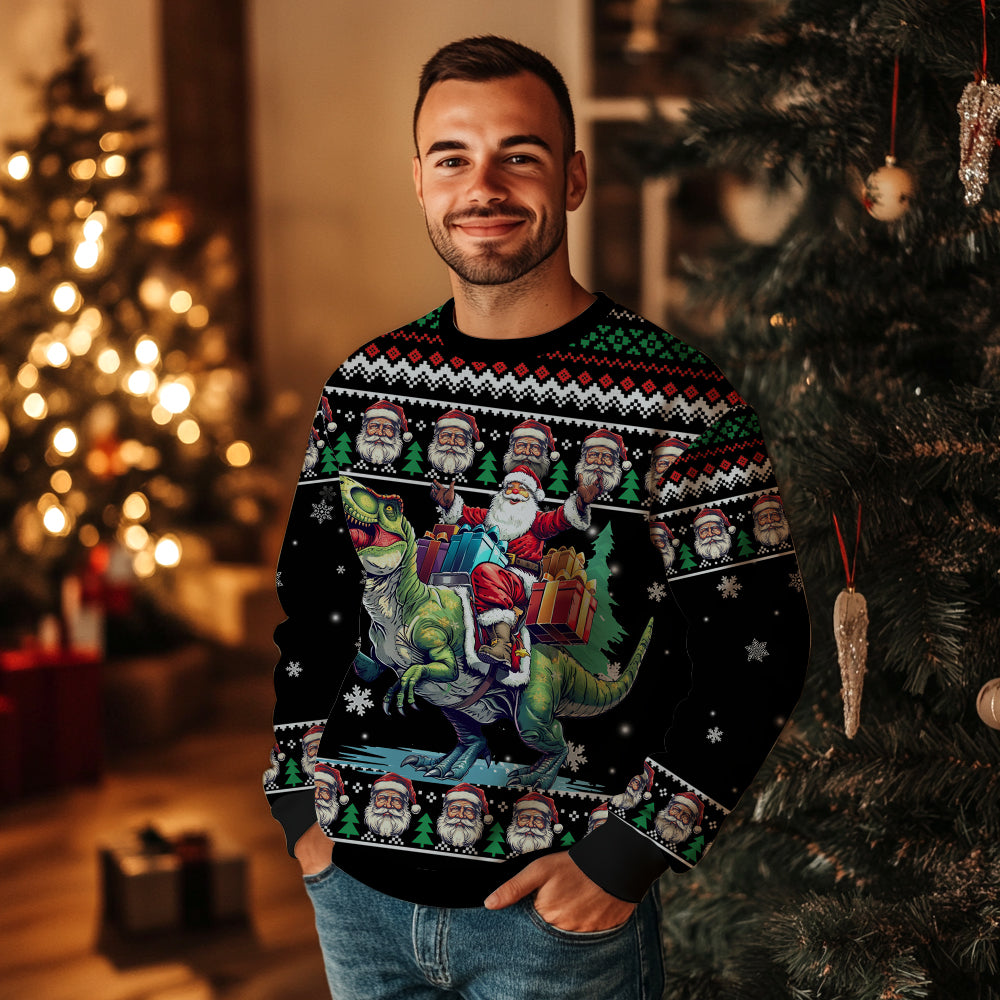 Festive Santa Riding T-Rex Ugly Christmas Sweater