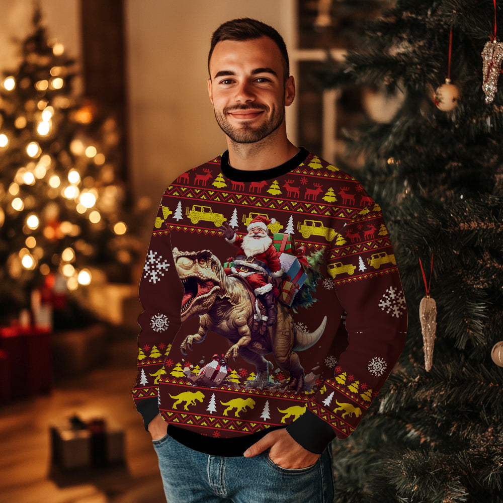 Funny Santa Riding T-Rex Ugly Christmas Sweater