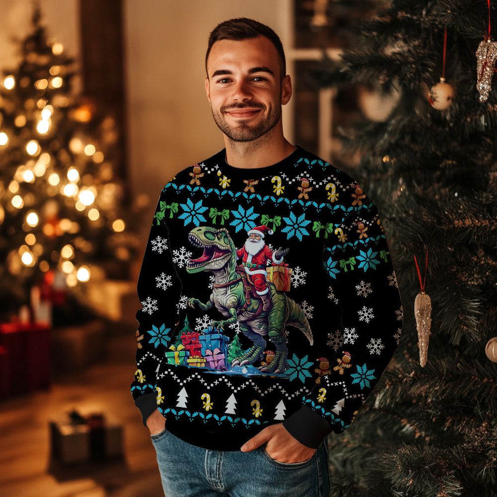 Santa Riding T-Rex Ugly Christmas Sweater