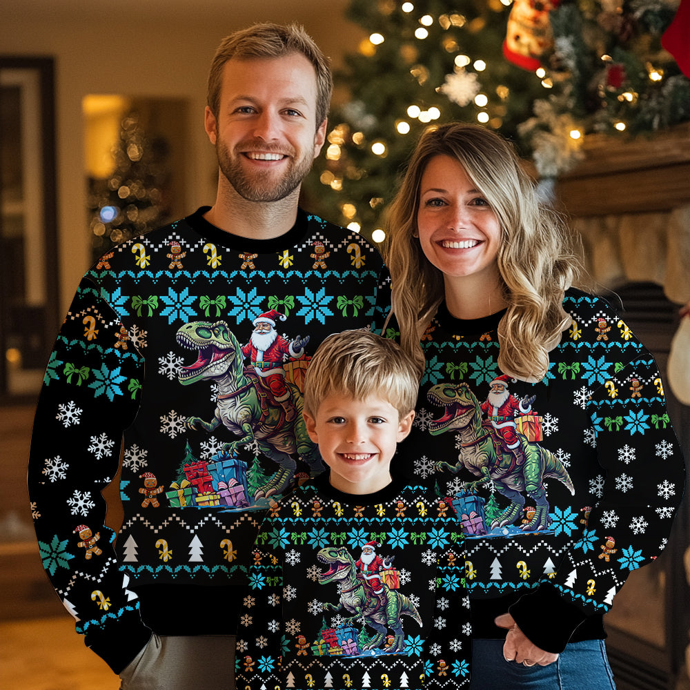 Santa Riding T-Rex Ugly Christmas Sweater