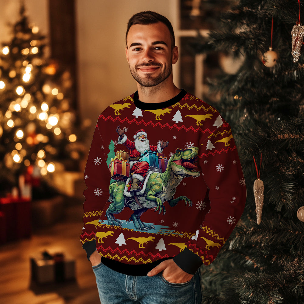 Funny Santa Riding T-Rex Ugly Sweater