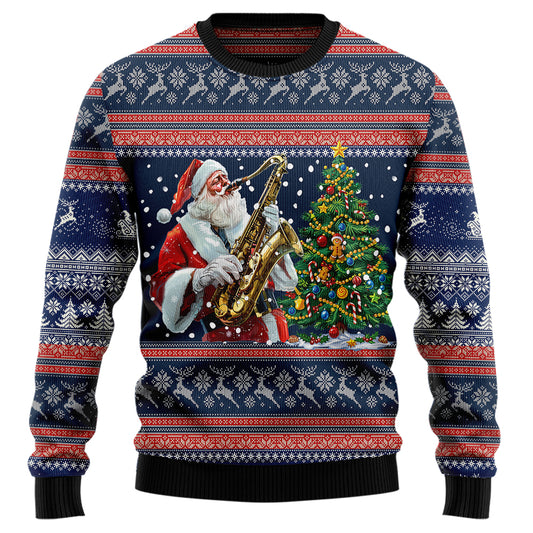Santa Playing Saxophone Ugly Christmas Sweater