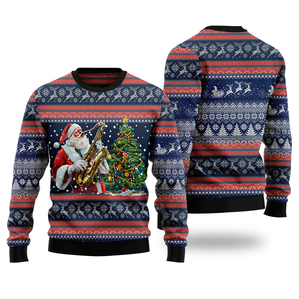 Santa Playing Saxophone Ugly Christmas Sweater