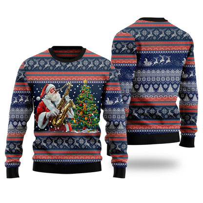 Santa Playing Saxophone Ugly Christmas Sweater