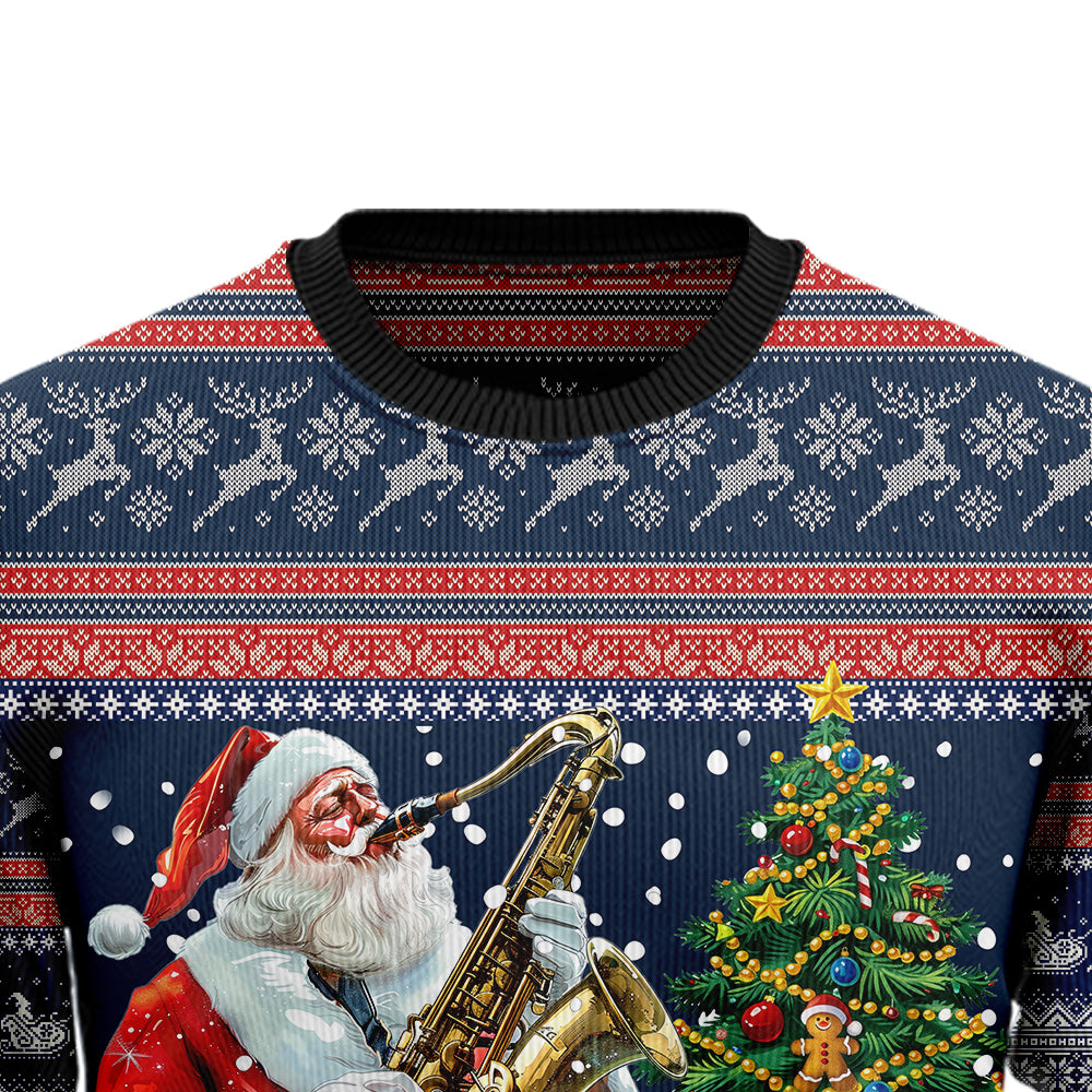 Santa Playing Saxophone Ugly Christmas Sweater