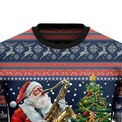 Santa Playing Saxophone Ugly Christmas Sweater