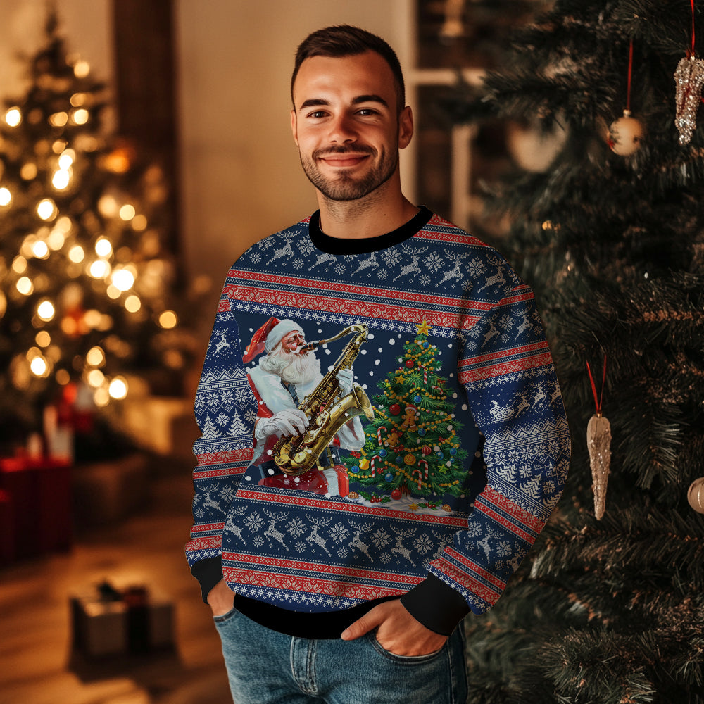 Santa Playing Saxophone Ugly Christmas Sweater