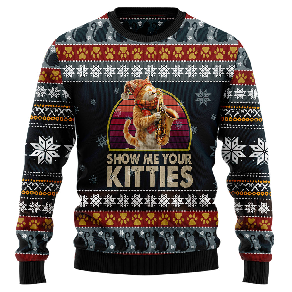 Show Me Your Kitties Saxophone Cat Ugly Christmas Sweater