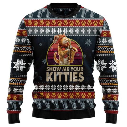 Show Me Your Kitties Saxophone Cat Ugly Christmas Sweater