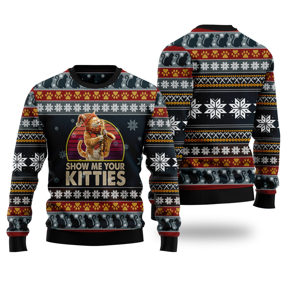 Show Me Your Kitties Saxophone Cat Ugly Christmas Sweater