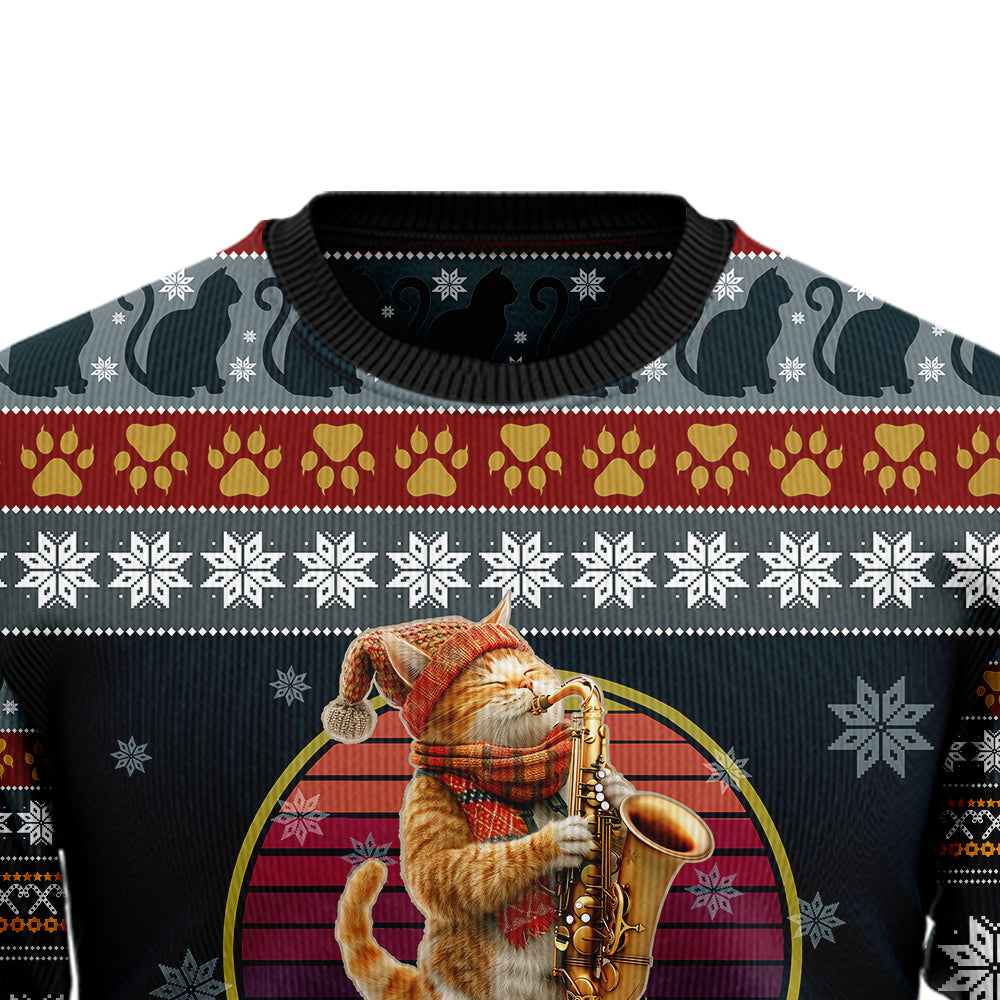 Show Me Your Kitties Saxophone Cat Ugly Christmas Sweater