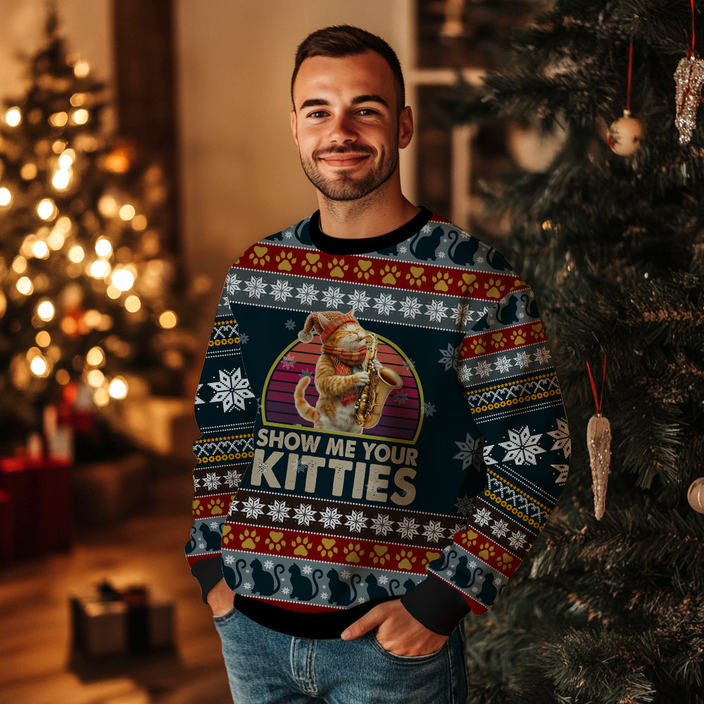 Show Me Your Kitties Saxophone Cat Ugly Christmas Sweater