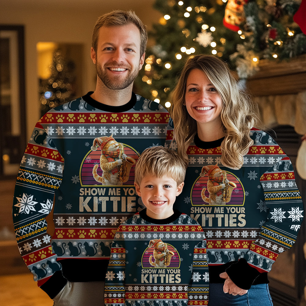 Show Me Your Kitties Saxophone Cat Ugly Christmas Sweater