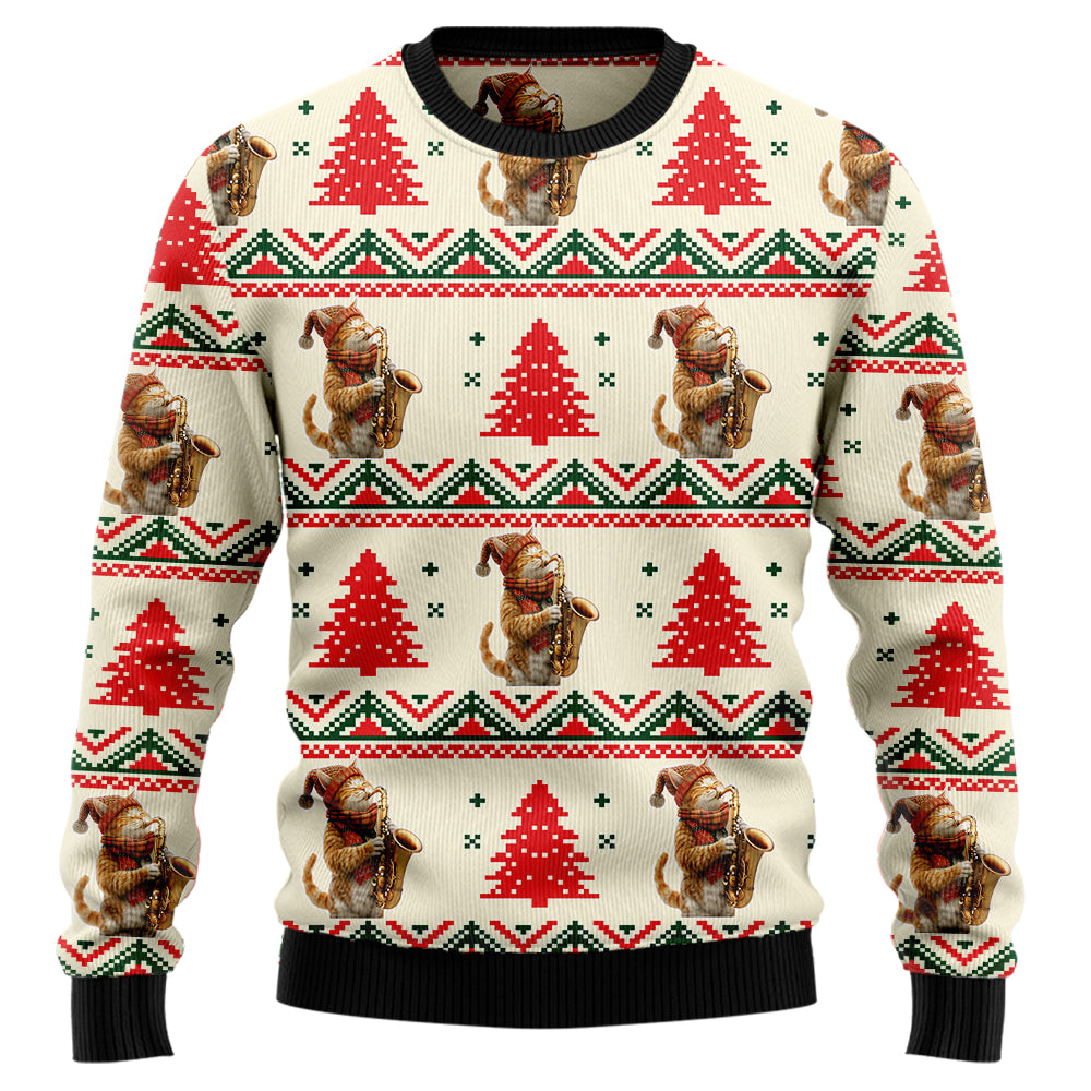 Festive Saxophone Cat Ugly Christmas Sweater