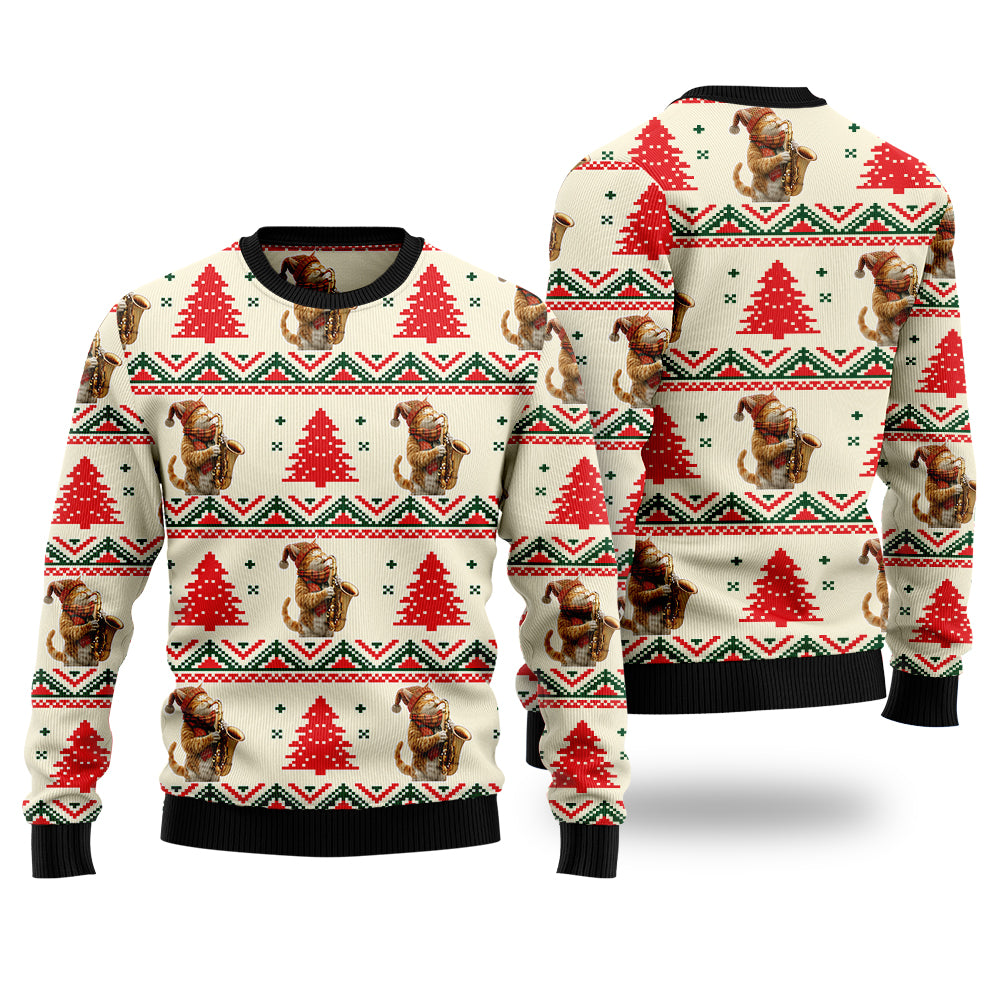 Festive Saxophone Cat Ugly Christmas Sweater