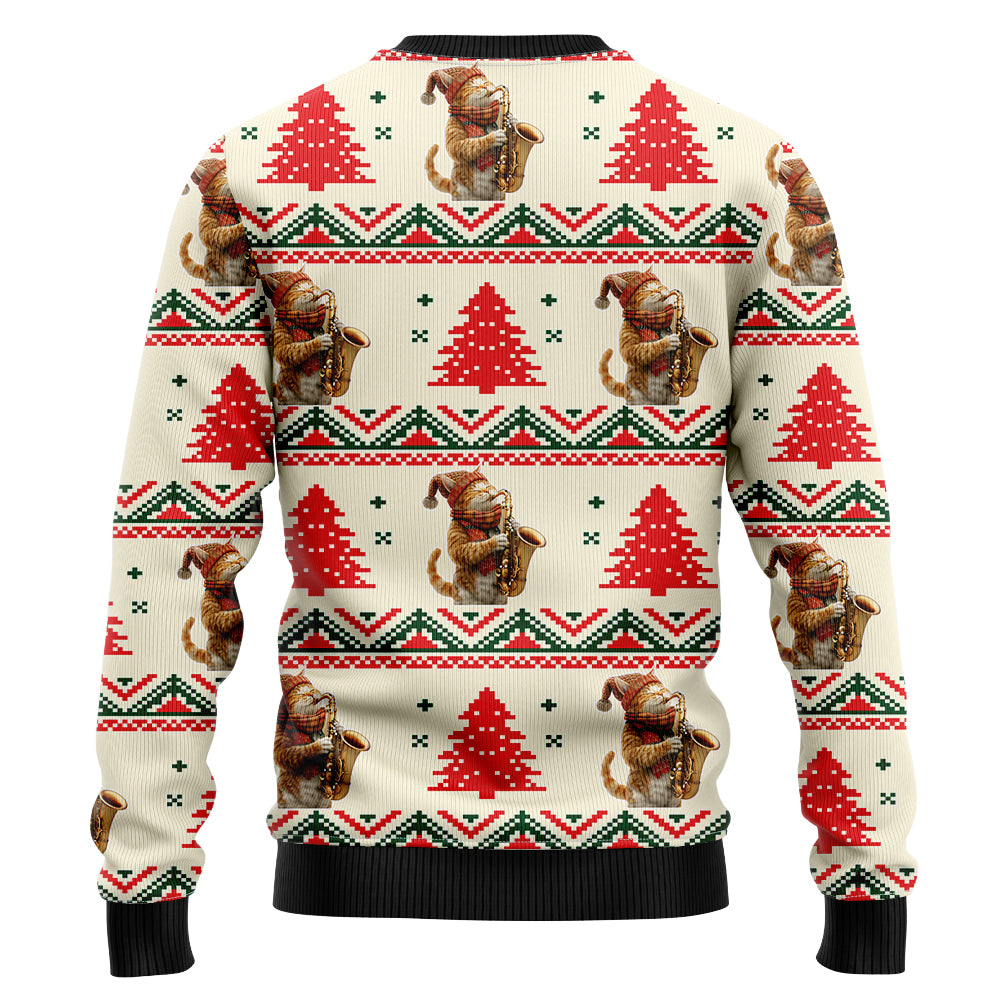 Festive Saxophone Cat Ugly Christmas Sweater