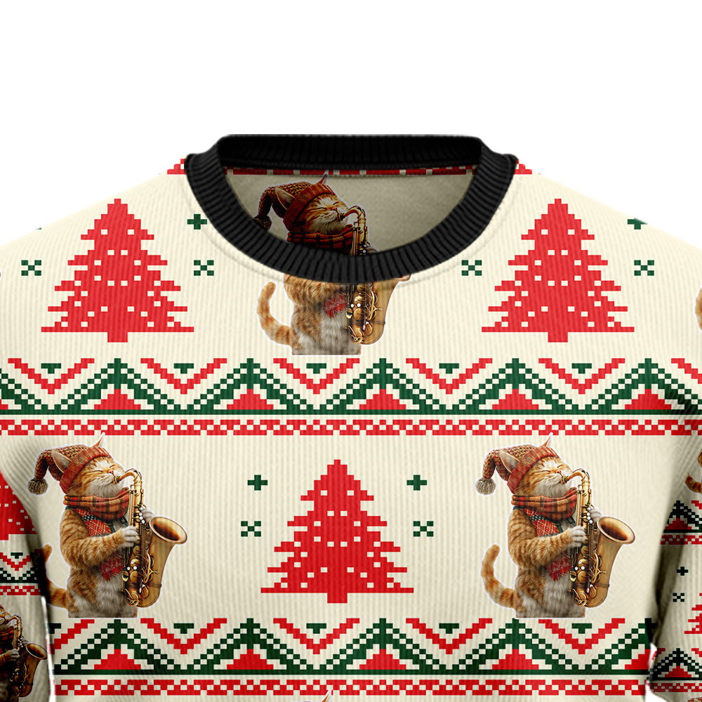 Festive Saxophone Cat Ugly Christmas Sweater