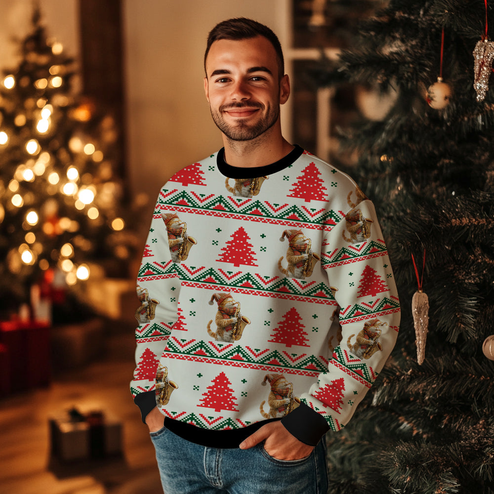 Festive Saxophone Cat Ugly Christmas Sweater