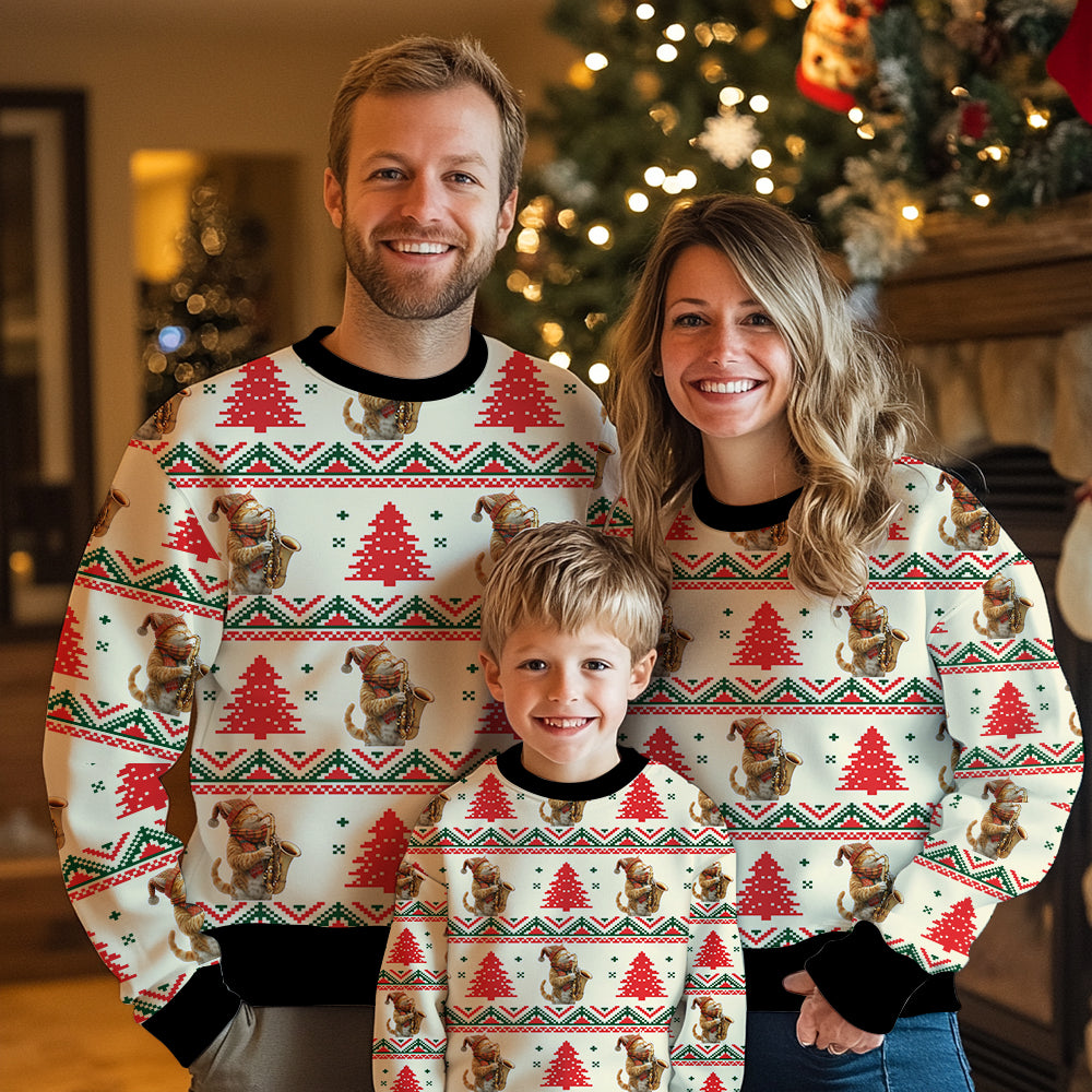 Festive Saxophone Cat Ugly Christmas Sweater