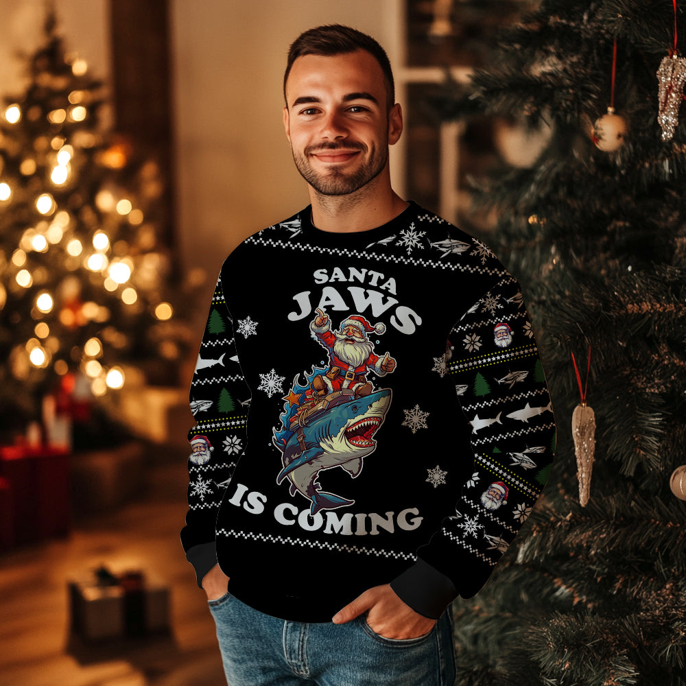 Santa Jaws Is Coming Shark Ugly Christmas Sweater
