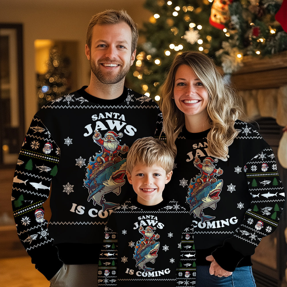 Santa Jaws Is Coming Shark Ugly Christmas Sweater