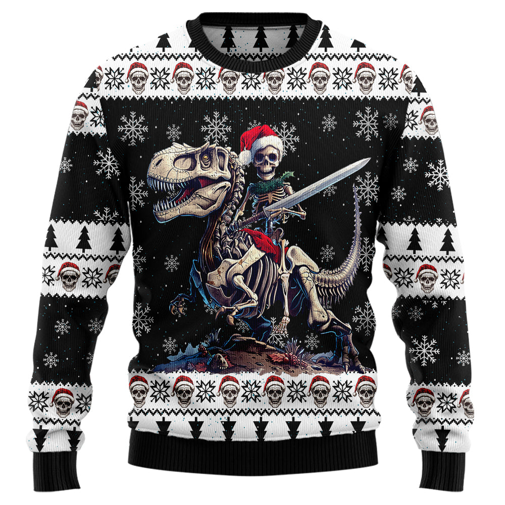 Skeleton Knight Riding T-Rex Ugly Christmas Sweater