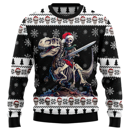 Skeleton Knight Riding T-Rex Ugly Christmas Sweater