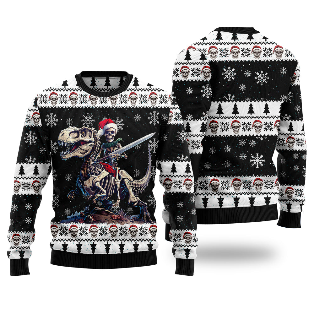 Skeleton Knight Riding T-Rex Ugly Christmas Sweater