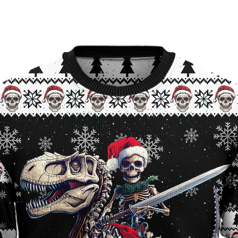 Skeleton Knight Riding T-Rex Ugly Christmas Sweater