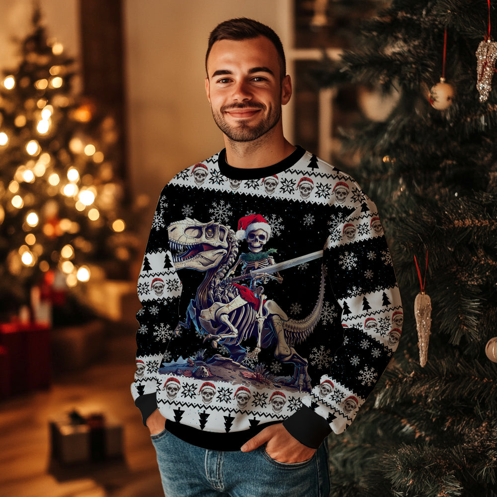 Skeleton Knight Riding T-Rex Ugly Christmas Sweater