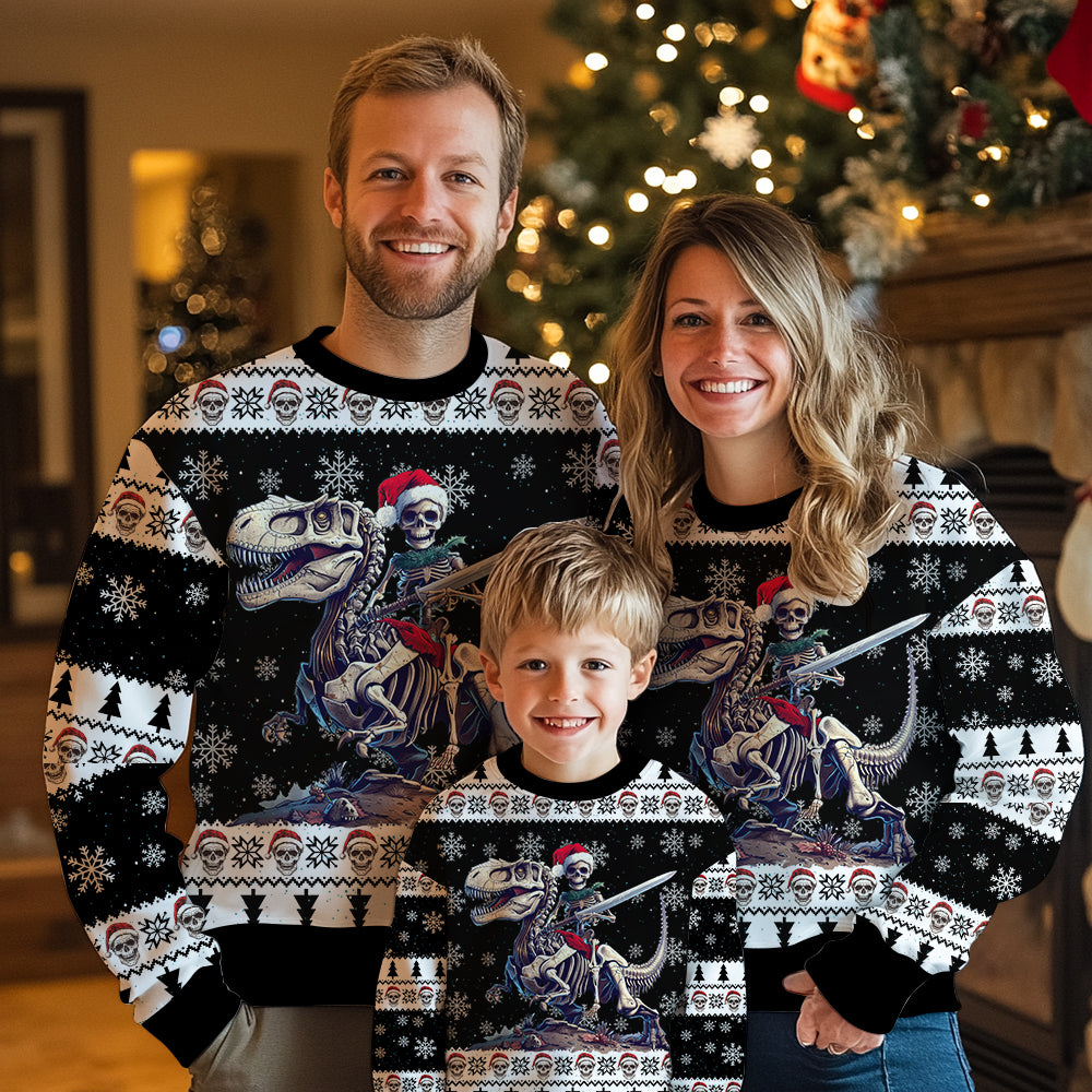 Skeleton Knight Riding T-Rex Ugly Christmas Sweater