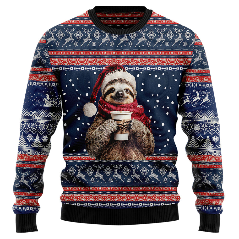 Cozy Sloth Drinking Coffee Ugly Christmas Sweater