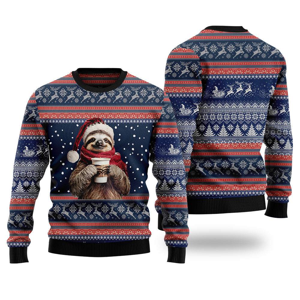 Cozy Sloth Drinking Coffee Ugly Christmas Sweater