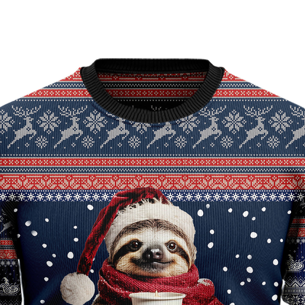 Cozy Sloth Drinking Coffee Ugly Christmas Sweater