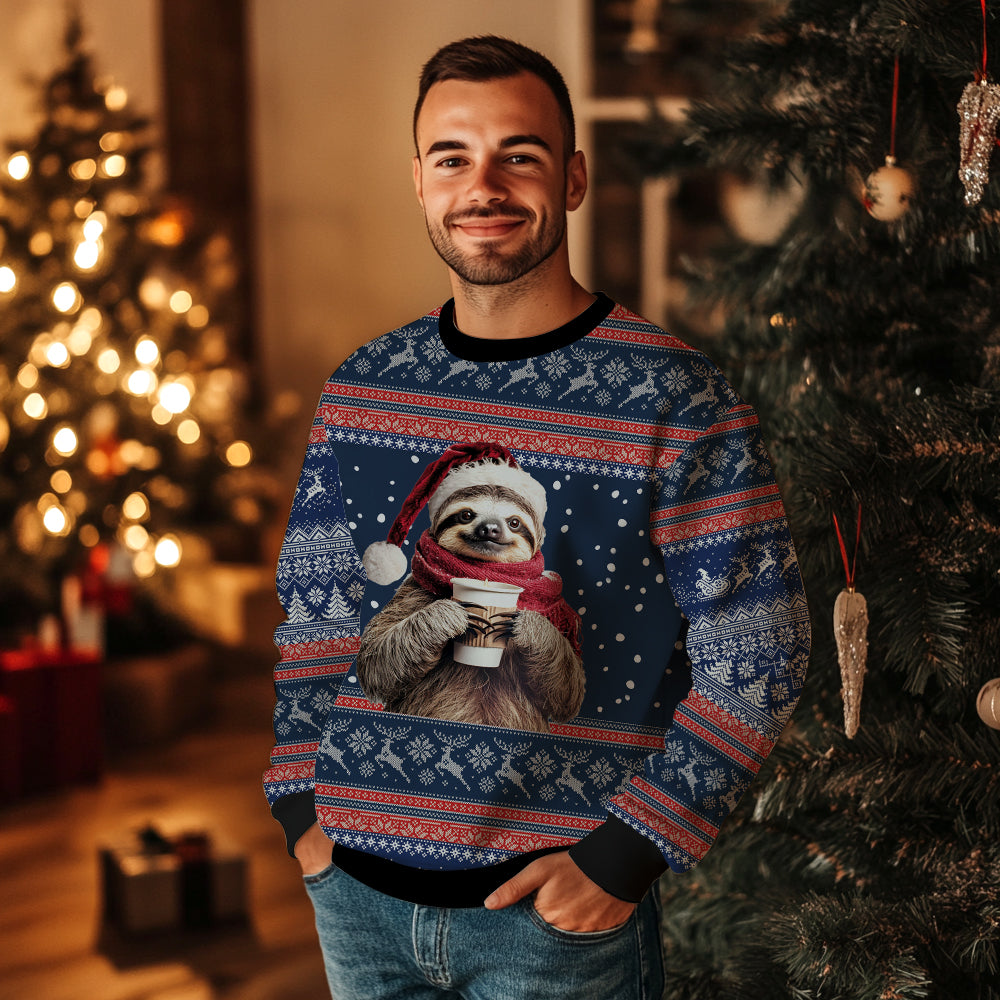 Cozy Sloth Drinking Coffee Ugly Christmas Sweater