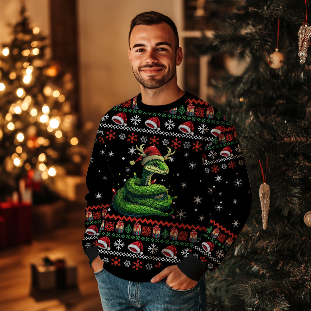 Festive Snake in Santa Hat Ugly Christmas Sweater