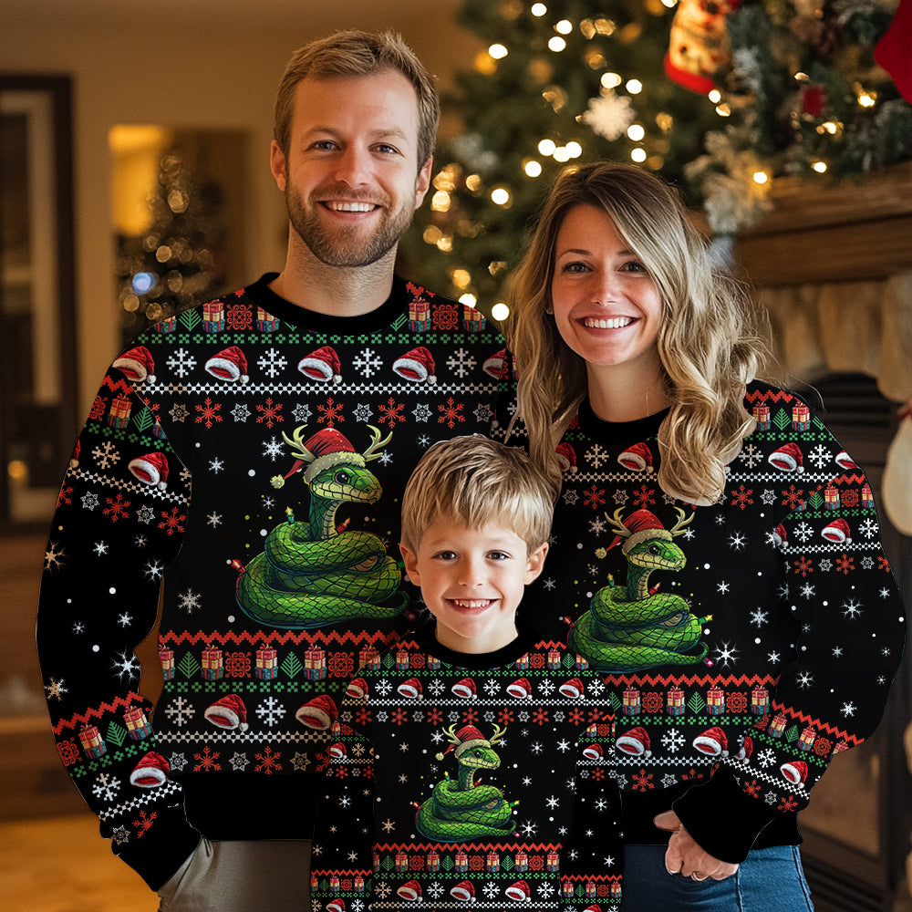 Festive Snake in Santa Hat Ugly Christmas Sweater