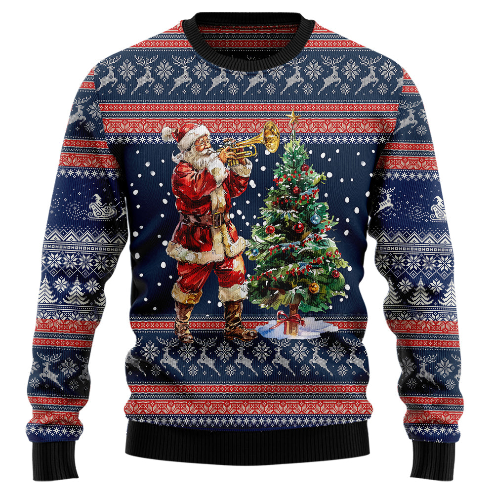 Santa Playing Trumpet Ugly Christmas Sweater